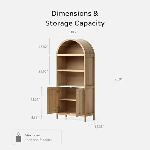 EYYTHUNG 71" Tall Arched Cabinet, 5-Tier Arched Bookcase Storage Display Cabinet with Faux Marble Tabletop, Modern Farmhouse Bookshelf Kitchen Pantry Cabinet for Living Room Home Office, Natural Oak - color: Natural Oak