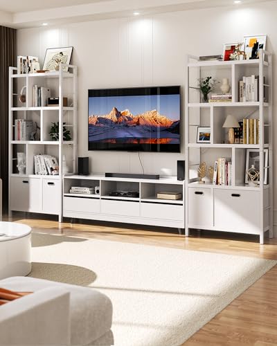Armocity Bookshelf with Drawers - 5 Tier Tall Bookcase Geometric Modern Book Shelf Display Standing Bookshelves with Storage for Living Room, Bedroom Home Office, White - color: White