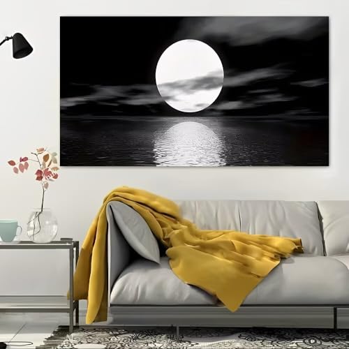 Oval Moon Over Water Rustic Canvas Wall Art - 12x24in Unframed Poster- Home & Office Decor for Living Room, Bedroom, Kitchen & Cafe - color: Oval Moon