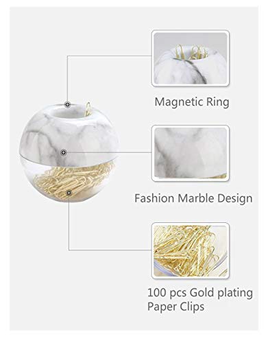 Magnetic Paper Clip Holder, Marble White holder with Gold PaperClips 100pcs 28mm(1.1") Cute Office Supplies for Desk Organizer - color: Marble