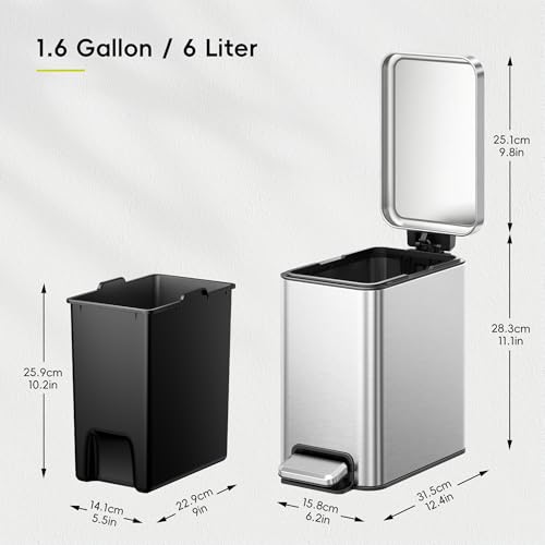 EKO Small Bathroom Trash Can with Lid Soft Close, Step Pedal, 6 Liter / 1.6 Gallon Stainless Steel Garbage Can with Removable Inner Bucket, Anti-Fingerprint Finish (Silver) - color: Stainless Steel, size: 6L