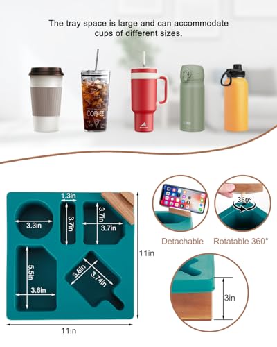 Couch Cup Holder Tray, Silicone Wooden Couch Caddy with Cup Holder for Snacks, Drinks, Remotes, Waterproof Cup Holder for Couch, Organizer, Couch Drink Holder - color: E-green