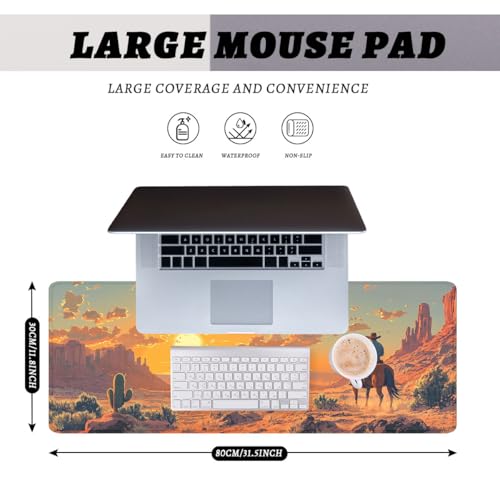 Western Cowboy Gaming Mouse Pad Tropical Cactus Desert Riding Horse Mousepad Extended Large Laptop Keyboard Non-Slip Rubber Base with Stitched Edges for Home 31.5x11.8 in - color: Western Cowboy, size: 31.5L x 11.8W inches