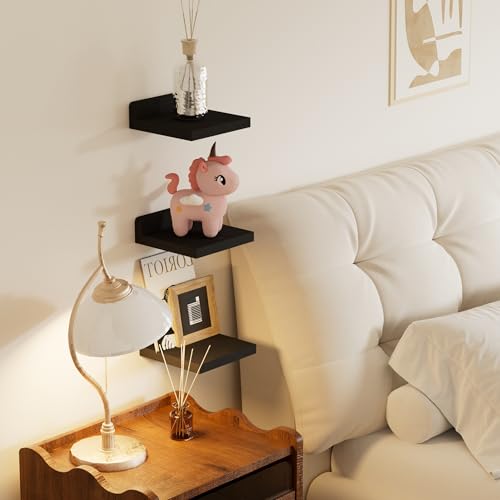 QsQueen Small Floating Shelves Mini Shelves Hanging Display 5 Inch Wall Shelf for Bathroom Livingroom Bedroom,3 Pack, with 2 Types of Installation, Great for Room Decor - color: Black