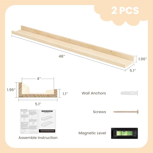 Fun Memories Picture Ledge Shelf, Pine Wood Floating Shelves Set of 2, 48 inch Nursery Book Shelves, Photo Ledge Book Shelves Wall Mounted for Living Room Kids' Room Bedroom - Natural - color: Usa-sourced Pine Wood Natural Unfinished, size: 48in