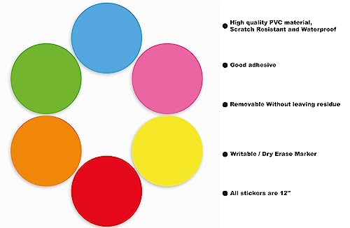24 Pack 12''Big Size Dry Erase Dots for Classroom Tables, Peel and Stick Removeable Circle Vinyl Sticker Spots for Whiteboards, Desks, Wall Decals, Student, Teacher School Supplies, 6 Colors.