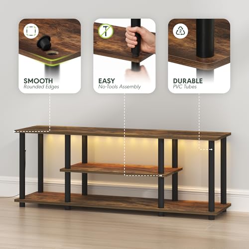 Furinno Turn-N-Tube TV Stand with LED Lights, 3-Tier No Tools 3D Entertainment Center, TV Console for TV up to 50 Inch, for Living Room, Bedroom, Amber Pine - color: Amber Pine/Black, size: 3 tier 50"LED