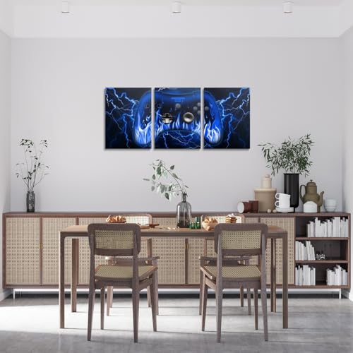 Feelyou Boys Gamer Canvas Wall Art for Living Room 12"x16" 3 Piece Game Controller Picture Wall Decor Gaming Office Wall Decorations Artwork Posters Blue Black Lightning Geometric Square Wall Painting - color: Blue and Black1
