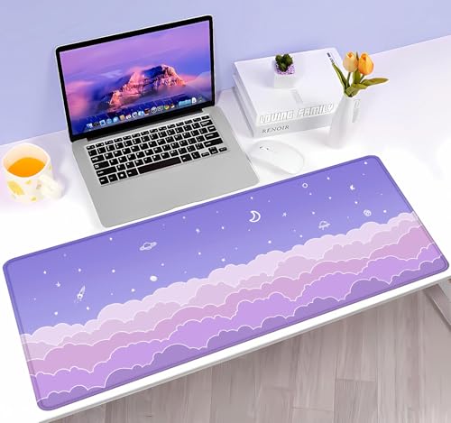 Cute Pastel Purple Desk Mat, Minimalist Large Gaming Mouse Pad Mousepad for Laplop, Kawaii Anime Desk Pad, Gradient Clouds Computer Pads, Aesthetic Stars Moon Deskpad, 31.5 X 11.8 Inch - color: Purple Clouds