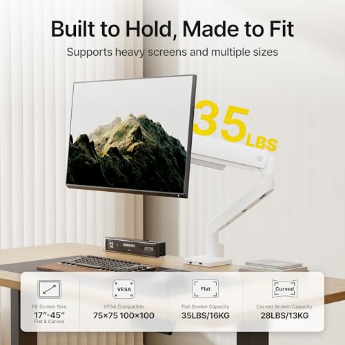 monTEK Single Monitor Arm with USB for Max 45 Inch Ultrawide Screens Adjustable Monitor Desk Mount Holds 35 Lbs Cable Management with C Clamp/Grommet Desk Mount, VESA 75/100mm - color: White, size: with USB