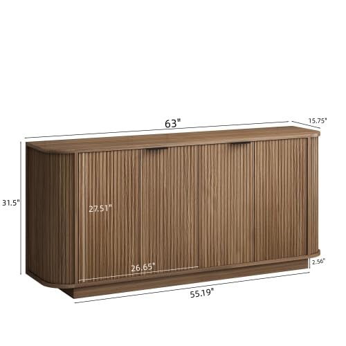 63" Sideboard Buffet Cabinet with Storage, Fluted Buffet Credenza with Adjustable Shelves, Mid Century Sideboards with 2 Doors, Modern Accent Console Cabinets for Living Room, Brown - color: Brown-63"l 2 Doors
