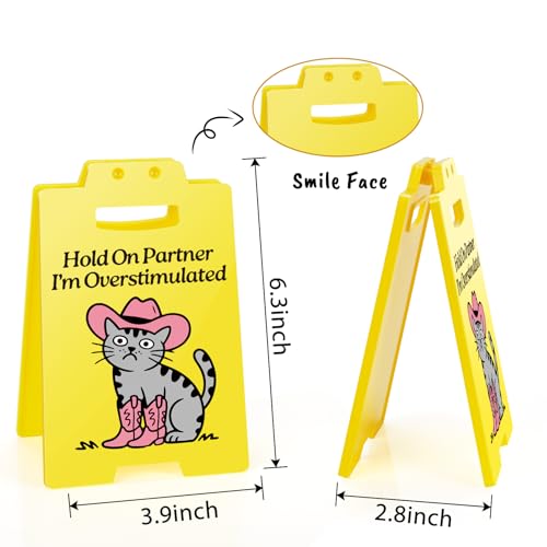 Funny Cowboy Cat Desk Sign - Hold On Partner I'm Overstimulated - Cute Office Decor for Cat Lovers, Introvert Humor, Social Anxiety Gag Gifts for Women, Coworkers - style: Funny Cat