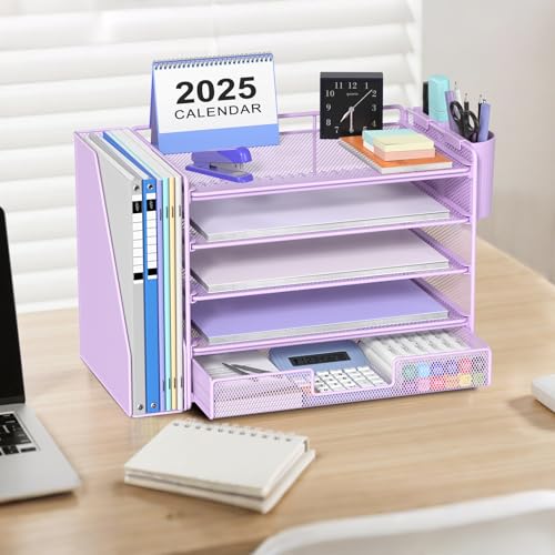 OPNICE Desk Organizer, 5-Tier Desktop File Organizer with Drawer and Pen Holders, Office Desk Accessories, File Sorters, Workspace Organizers for Office Supplies(Purple) - color: Purple, size: 5-tier