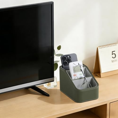 PU Leather Remote Control Holder, Small Desk Organizer Office Supply Bedside Caddy for Nightstand End Table Couch, Pen Remote Organizer with 3 Compartments (Green) - color: Green