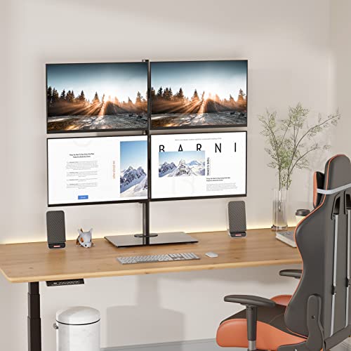 WALI Freestanding Quad Monitor Mount for 17-27 Inch Screens, Fully Adjustable 4 Monitor Stand with Swivel, Tilt, Rotation, Glass Base, Max Load 22 lbs per Arm (GMF004), Black - size: Quad, style: Glass Free Stand