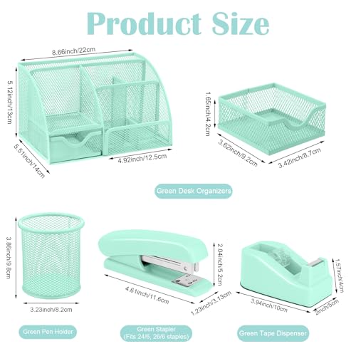 auroray Green Desk Organizers and Accessories, Teal Office Supplies Set Green Mesh Desk Organizer, Stapler, Tape Dispenser, 1000 Staples, Staple Remover, Pen Holder, Clips Set, Ruler, Scissors - color: Green
