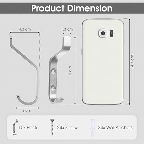 GlazieVault Coat Hook– Door Hook (10 Pack) - Heavy Duty Wall Mounted - Premium Design Rust Free Hooks - style: Flat Hooks Silver P-10