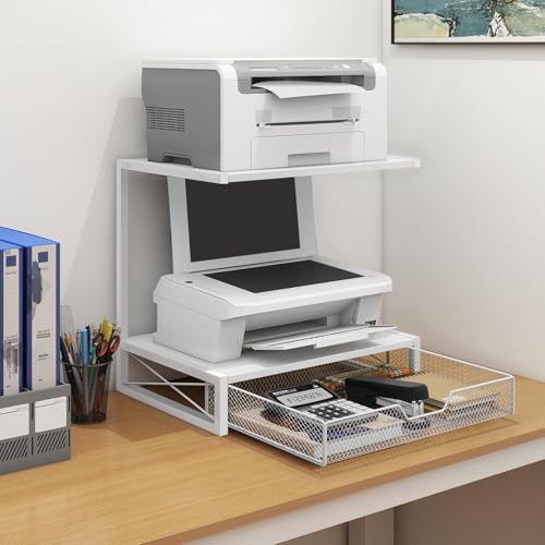 ELITEROO Printer Stand for Desk with Storage Drawer, 2 Tier Desktop or Under Desk Shelf, Wood Desktop Organizer for Home Office, Fits 3D Printer, Scanner, Fax Machine, Cricut, White - color: White with Drawer