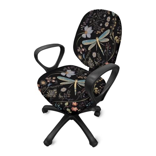 Dragonfly Flower Office Chair Covers Stretchable Computer Chair Seat Cover 2 Piece Desk Chair Slipcovers Protector Universal Fit Desk Rotating Chair,Computer Chair Office Decor - color: Dragonfly Flower