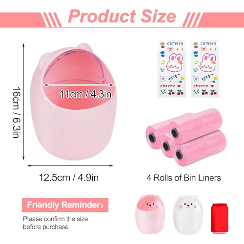 2Pack Small Trash Can with Lid, Cute Mini Trash Can with 4 Rolls of Bin Liners, Tiny Desktop Waste Garbage Bin for Home, Office, Kitchen, Bathroom, Bedroom, Pink & White