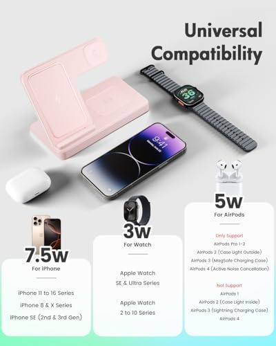Wireless Charger Stand Charging Station: 3 in 1 Charger Stand Multiple Devices for Apple - iPhone 17 16e 16 15 14 Pro Max 13 12 - Watch 11 10 9 8 7 6 5 4 3 2 SE and Ultra Series-Airpods 4 3 Pro, Pink - color: Pink