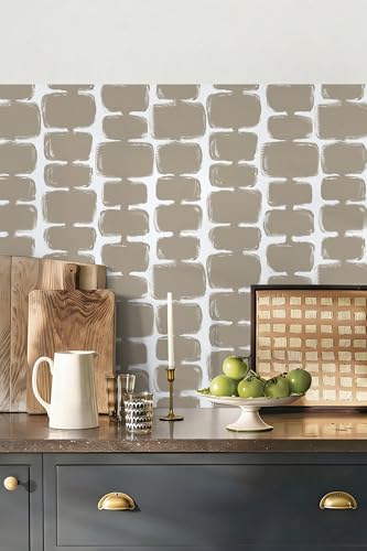 Safiyya 17.3"x197" Peel and Stick Wallpaper Mid Century Modern Abstract Contact Paper Geometric Wall Paper Self Adhesive Removable Wallpaper for Bathroom and Bedroom Vinyl, Light Brown and White - color: Light Brown and White, size: 17.3" x 197"