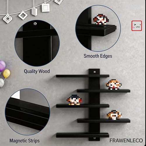 No Drill Floating Shelf for Wall, 5-Tier Wall Mounted Organizer, Damage-Free Display Shelf for Collectibles, Figures, Bathroom Kitchen Storage, Black