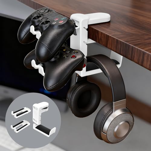 Rotatable Under Desk Headphone Hanger with 2 Controller Slots - 3-in-1 Gaming Accessory with Adjustable Clamp & Cable Organizer,for Home Gaming Xbox ps5 -White