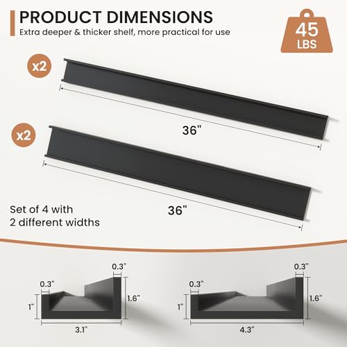 Fun Memories Picture Ledge Shelves Set of 4, 36 Inch Rustic Wall Mounted Floating Shelves with Lip for Home Storage and Décor in Bathroom, Kitchen, Nursery, Bedroom, Living Room, Black - color: Black, size: 36 inch, Set of 4