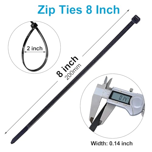 150 Pack Zip Ties 8 Inch Black, 40Lbs Tensile Strength, Premium Nylon Cable Ties, Plastic Zip Ties, For Garage Cable Management, Home, Garden Trellis Ties, Indoor And Outdoor Use