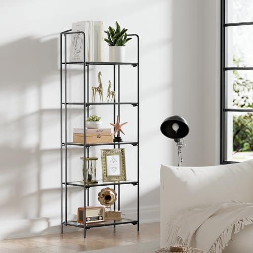Crofy 5-Tier Foldable Bookshelf, Black Frame & Transparent Shelves | No-Assembly Collapsible Portable Storage Organizer; Sturdy Transparent Shelves; Ideal for Living Room & Home Office - color: Black Frame & Transparent Shelf, size: 5 Tier
