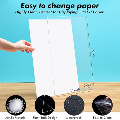 Qilery 4 Pcs Acrylic Sign Holder Clear Display Stand Frame Table Top Slant Back Plastic Sign Holder Flyer Document for Menu Workers Teachers Office School Desktop (11 x 17 Inch) - size: 11 x 17 Inch