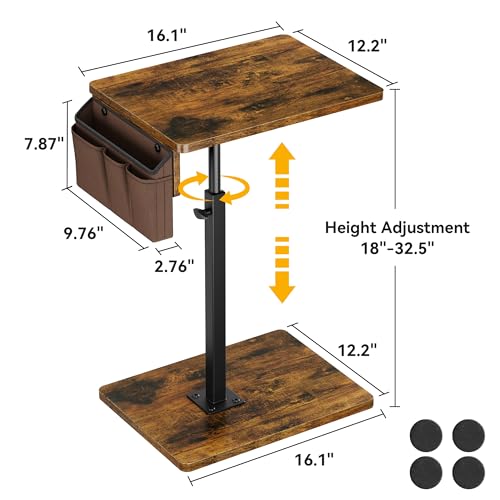 Vagusicc Sofa Armrest Tray Table for Couch, 360° Swivel Height Adjustable TV Tray Table for Small Spaces, Snack Side Table for Couch, Bed, Chair, C Shaped End Side Table for Eating, Reading, Laptop - color: Rustic Brown, style: With Storage Bag