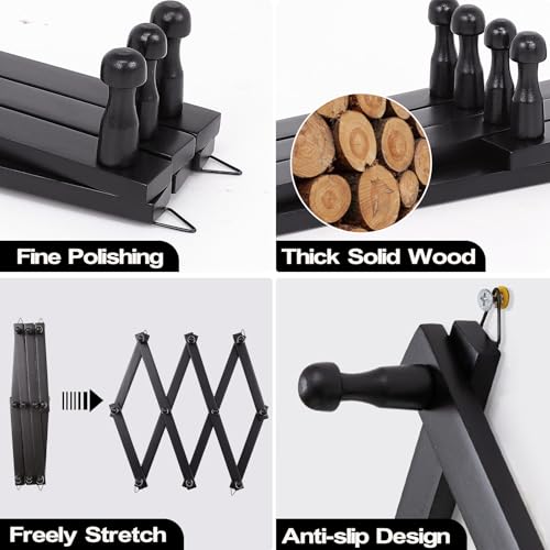 SCUNDA Wall Rack with 10 Hooks, Wooden Wall Expandable Coat Rack for Coat, Hats, Baseball Caps, Coffee Mug, Jewelry(Black) - color: Black, size: 10 Hooks