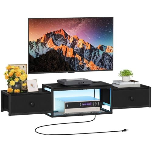 Snughome Floating TV Stand Wall Mounted with Power Outlet 55", Floating Entertainment Center with LED Lights, Floating TV Shelf with Drawer, Wall Mounted Media Console Shelf for Living Room, Bedroom - color: Black, size: 55.12" x 11.02" x 6.5"