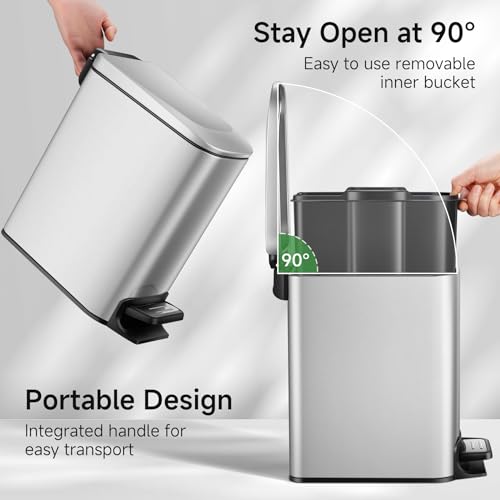 TIPGO Slim Bathroom Trash Can with Lid Soft Close, Step Pedal, 6 Liter / 1.6 Gallon Stainless Steel Garbage Can with Removable Inner Bucket, Anti-Fingerprint Finish (Silver) - color: Silver
