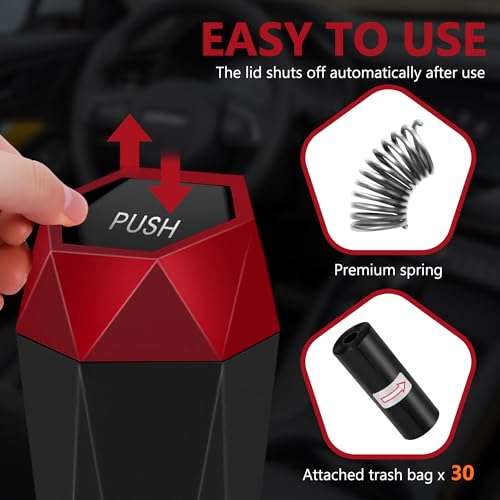 Car Trash Can with Lid - 2-Pack, Interior Accessories for Vehicles, Leakproof Garbage Can with 30 Detachable Trash Bags, Multipurpose Organizers and Storage Solutions for Home and Office - color: Red