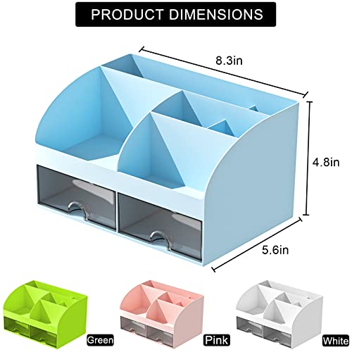 COMFYROOM Desk Organizer with 6 Compartments and 2 Drawers, Plastic Makeup Organizer, Pen Holder for Desktop Storage, Desk Organization for School, Home, Office Supplies (Blue) - color: Blue