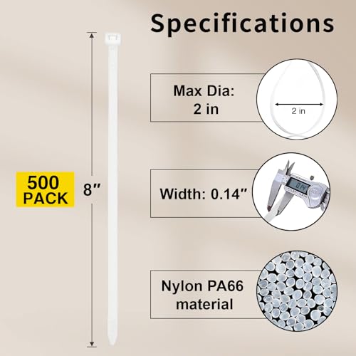 Zip Ties 8 Inch, 500 Pack, White Cable Ties for Multi-Purpose, Nylon/Plastic Wire Ties for Home Improvement, Office & Outdoor Use (Clear-Colored Style), 40lb Tensile Strength. - size: 8" (500 Pack)