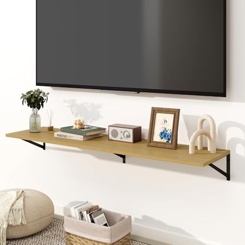 Fun Memories Floating Shelves for Wall, 12 Inch Deep Floating Shelves Set of 2, 55W x 12D Large Wall Shelf with Sturdy Metal Brackets for Living Room, Bathroom, Bedroom and Kitchen, Oak - color: A-oak, size: 55"w x 12"d