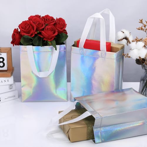 NEOACT 30 Pcs Iridescent Gift Bags Medium Size,Glossy Holographic Reusable Gift Bags with Handles,Ideal Goodie Bag for Birthday,Wedding,Christmas,Party Favor - 7.8x3.9x10 Inch
