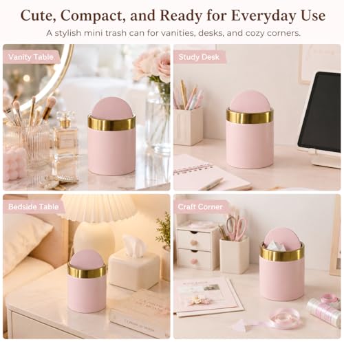Pink Mini Countertop Trash Can with Lid – Metal Tiny Makeup Vanity Swing-Top Waste Bin, 1.5 L / 0.40 Gal - color: Pink