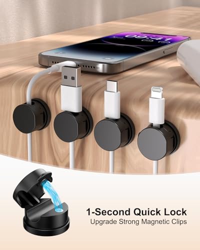 OneLeaf 8 Pack 360° Rotatable Strong Magnetic Cable Clips Cord Holder for Nightstand, 1s Lock Phone Charger Holder, Adhesive Magnetic Cord Clips for Home/Office/Car/Game Station, Smooth Adjustable - color: Black