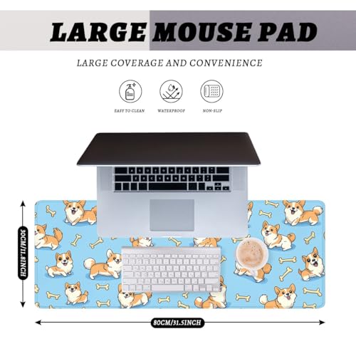 Cute Dog Mouse Pad Funny Kawaii Cartoon Corgi Puppy Bone Large Desk Mat with Stitched Edges,Non-Slip Waterproof Rubber Base Mouse Mat 31.5 x 11.8 Mouse Pads for Desk Home Office Gaming - color: Cute Dog, size: 31.5" x 11.8"