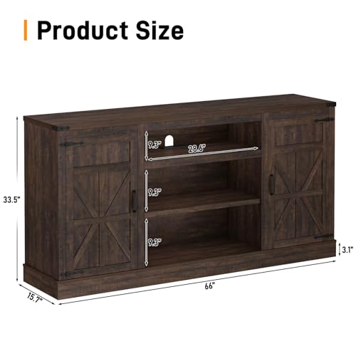 Hlivelood 66" Farmhouse TV Stand with Power Outlets for 75 Inch TVs, 33" Tall Entertainment Center with Storage Cabinets w/Adjustable Shelves, Rustic Large TV Media Console for Living Room, Brown - color: Brown, size: 66in