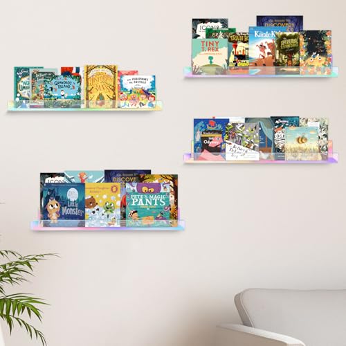 Dezzer 6 Pack Acrylic Shelves for Wall, 15" Acrylic Floating Shelves for Bathroom Bedroom, Invisible Bookshelf Wall Ledge Storage Shelf Books Perfume Toys Action Figure Display Shelves, Iridescent - style: 15 inch 6-pack Rainbow