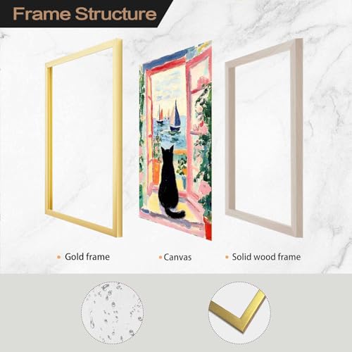 Vintage Colorful Black Cat Wall Art Funny Floral Oil Painting Poster Aesthetic Animal Print Window Landscape Picture for Dorm Bedroom Gallery Living Room or Pet Lover 8x12inch Golden frame - color: Colorful - Golden PVC frame, size: 8"L x 12"W