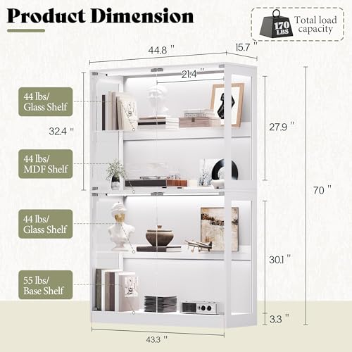 AMERLIFE RGB Display Cabinet with Adjustable Glass Shelves, 4-Tier Storage Display Case with LED Lights, Press-to-Open Glass Doors, Modern Collectibles Cabinet, White 70" H x 45" L x 16" D - color: White, size: 45×16×70in
