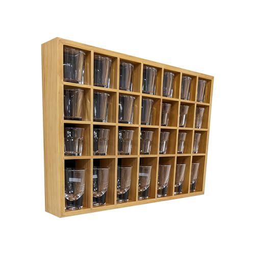 Shot Glass Display Case, Stylish Natural Varnished Glass Display Case for Display, 28 Slots Freestanding & Wall Mountable Shot Glass Holder, Perfect for Collectors - (with 1 Row for Tall Shooters) - color: Natural