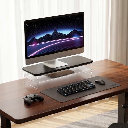 Fenge Acrylic Monitor Stand Riser, 23.6 Inches Monitor Stand with Metal Storage, 2 Tier Acrylic Computer Riser for Desk, Clear Laptop Stand for PC, Laptop, Printer, TV - color: Black, size: 23.6in